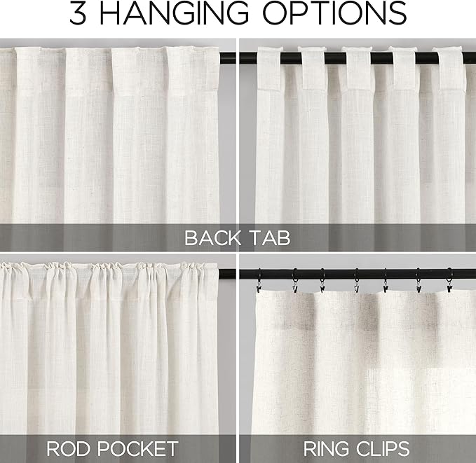 Beige White Curtains 63 Inches Long 2 Panel Sets for Living Room Bedroom Light Filtering Linen Drapes for Kitchen Windows Rod Pocket Back Tab Short See Through Curtain Home Decor 52x63