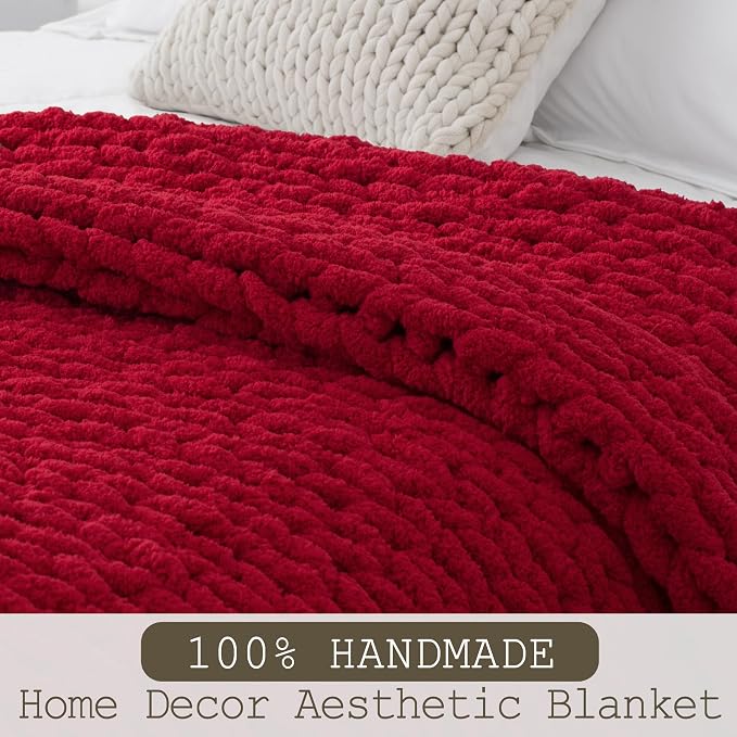 Chunky Knit Throw Blanket 50x60, 100% Handmade Chenille Yarn | 4.4lbs Soft Thick Cable Knitted Blankets, Large Rope Knot Crochet Throws for Couch Sofa Bed Christmas Fall Decor, Red
