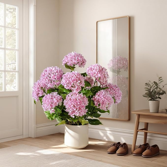 2 Pack Large Faux Plastic plantas in Pot UV Resistant Fake Flowers Trees Indoor Outdoor Realistic Floor Plants Artificial Hydrangea Plants for Home Porch Garden Office Porch Patio Front Bonsai Decor