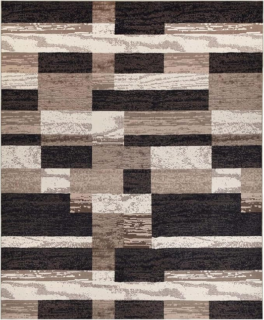 Superior Indoor Area Rug, Plush Carpet Cover, for Kids or Pets, Hallway, Entryway, Living Room, Dining, Bedroom, Office, Kitchen, Modern Geometric Patchwork, Rockwood Collection, 12' x 18', Chocolate