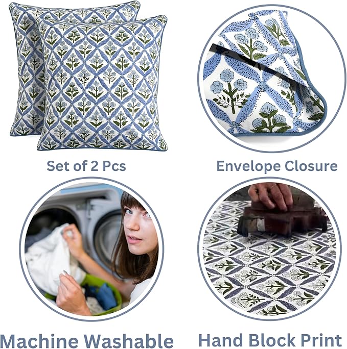 Ridhi Block Print Light Steel Blue Pillow Cover 24" x 24" (Pack of 2) Decorative Couch Pillows for Living Room, Chic Boho Cute Outdoor Pillows Covers Gifts for Spring, Easter and Valentine