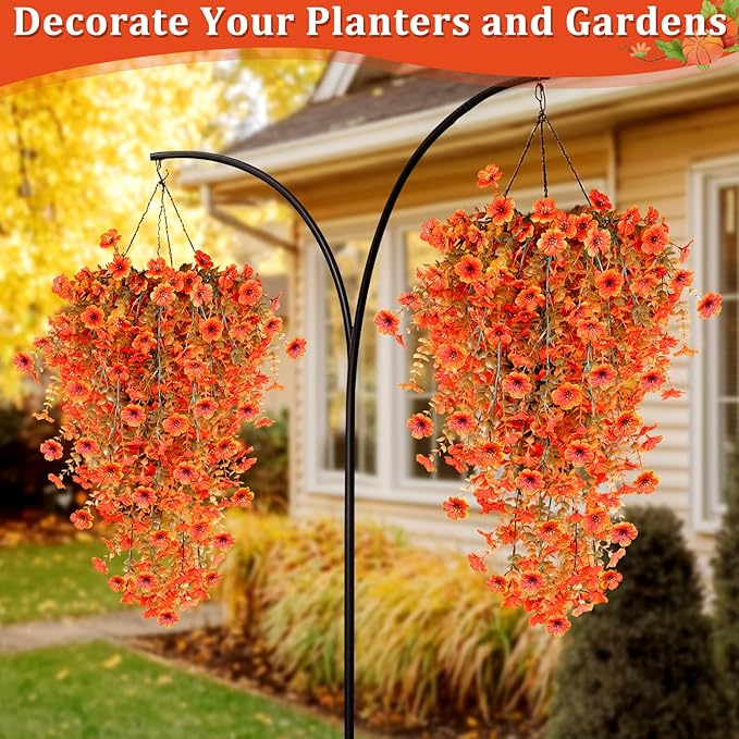 TURNMEON 4 Pcs Artificial Hanging Fall Flowers Fall Decorations, Fake Mums for Outdoors UV Resistant Hanging Plants Faux Silk Daisy Flowers for Autumn Decor Home Indoor Outside Gardens Porch (Orange)
