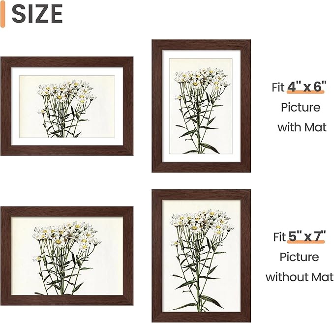 upsimples 5x7 Picture Frame Set of 10, Display Pictures 4x6 with Mat or 5x7 Without, Multi Photo Frames Collage for Wall or Tabletop Display, Brown