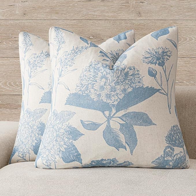 Foindtower Set of 2 Linen Floral Vintage Throw Pillow Covers Neutral Accent Decorative Cozy Cushion Covers Farmhouse Boho Home Decor for Sofa Chair Couch Bedroom Living Room,22×22 Inch,Sky Blue