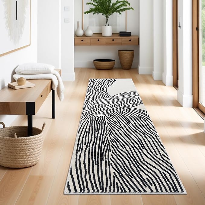 YIHOUSE Zebra Runner Rug for Hallway, Modern, 2x6 Runner Rugs, Black and White Rug Thin Non-Slip Washable Rugs, Soft Contemporary Striped Carpet for Entryway Indoor, Kitchen, Laundry, Bedroom