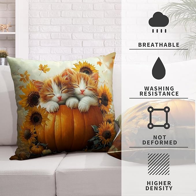 Fall Pillow Covers 24x24 Set of 2 Lovely Cat Pumpkin Sunflower Throw Pillow Covers Autumn Harvest Farmhouse Pillowcase Double Sided Printing Cushion Case for Patio Outdoor Sofa