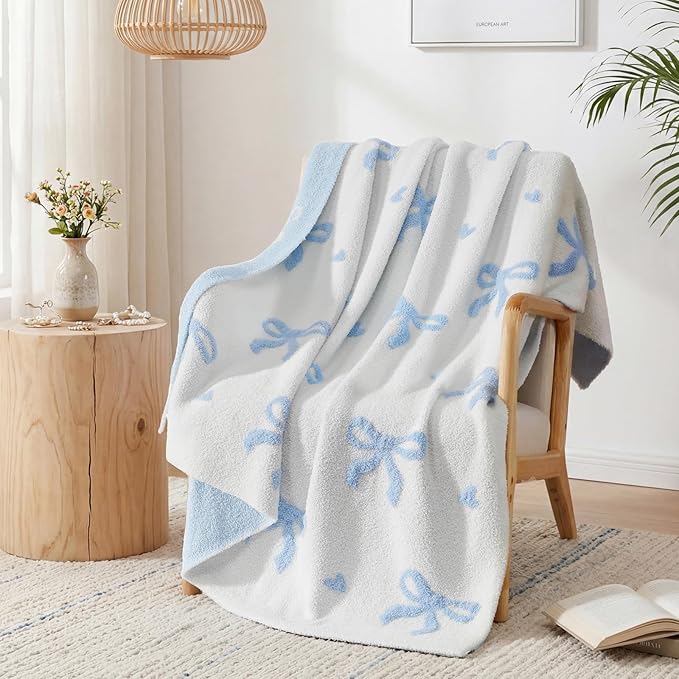 WRENSONGE Soft Throw Blanket for Couch-Cozy Reversible Knitted Blankets | Lightweight Warm Fluffy Decor for Women, Mom, Her & Girls, Sofa, Chair, Bed, 50x60in,Bubble Bowknot Blue