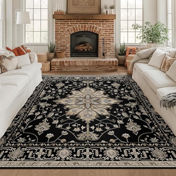 RELEANY Area Rugs Square 8ft Washable Non-Slip, Floral Vintage Distress Print Pattern Medallion Carpet for Living Room Bedroom Dining Room, Black Brown Neutral Dark Tan