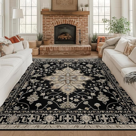 RELEANY Area Rugs Square 8ft Washable Non-Slip, Floral Vintage Distress Print Pattern Medallion Carpet for Living Room Bedroom Dining Room, Black Brown Neutral Dark Tan