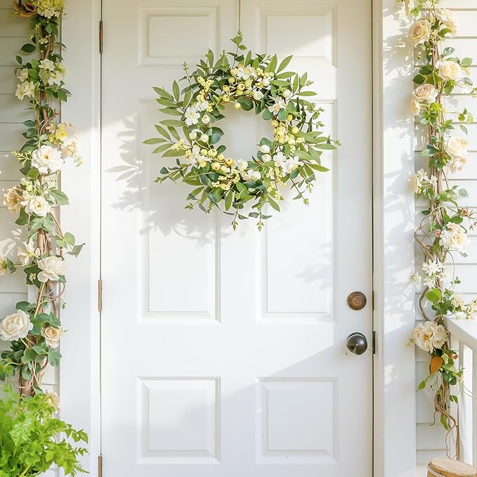 20 Inch Summer Wreaths for Front Door, Spring Summer Eucalyptus Wreath - White Berry Artificial Floral for Front Door, Porch, Home Decor, Farmhouse Wall Window Decorations