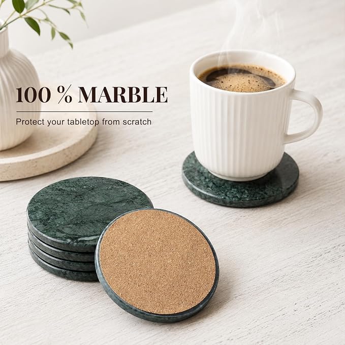 Koville Marble Coasters, Round Modern Coaster Set of 8 for Drinks, 4" Stone Coaster Heat Resistant, Decorative Marble Coasters for Coffee Table Home Bar Decor, Gift Choice(Green)