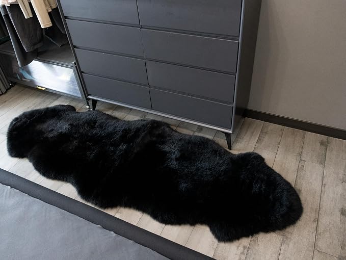 Sheepskin Rug, Fluffy Shag Area Rug, Super Soft 24” x 72“ Sheepskin Hair Rug, Inky Black Pile Rug, Decorative Throw Rugs for Bedrooms, Children's Rooms, Living Rooms (Inky Black, 24" x 72")