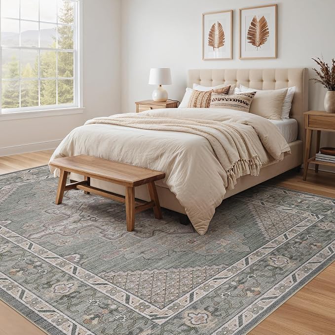 Tortania Area Rug Living Room Rugs - 10x12 Washable Boho Rug Vintage Oriental Distressed Farmhouse Large Thin Indoor Carpet for Living Room Bedroom Under Dining Table Home Office - Green Gray