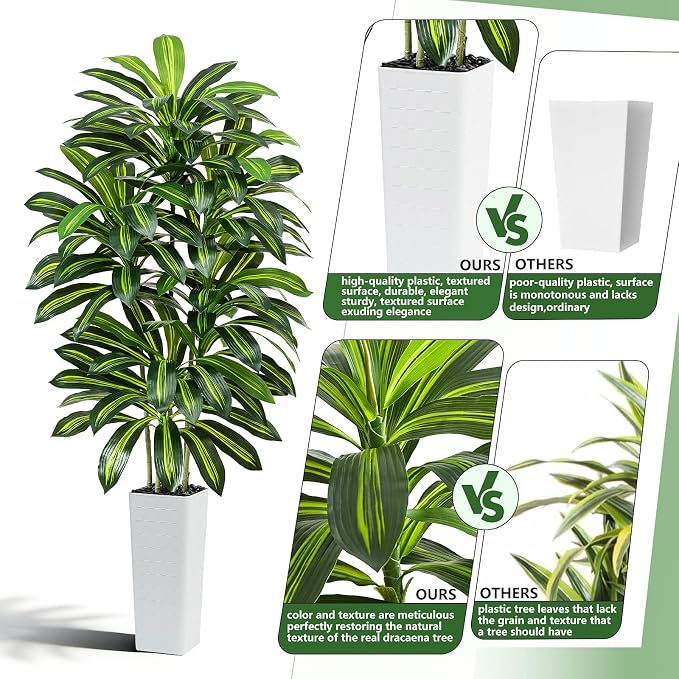 Artificial Dracaena Tree - 7FT Tall Fake Plants with White Tall Planter - Artificial Plants Indoor Floor Plant in Pot - Large Tropical Fake Yucca Potted Tree for Home Office Living Room Decor