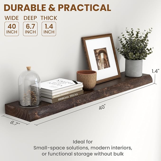 Live Edge Elm Wood Floating Shelves, 40 Inch Long Wall Shelves 1 Pack Shelf for Farmhouse Bedroom Bathroom Kitchen, Wall Mounted Wooden Shelf with Invisible Bracket for Books Decor, Walnut