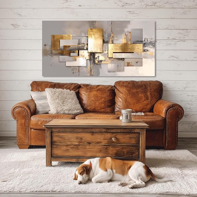 Ggaafet Gold Abstract Wall Art for Bedroom Canvas Painting Prints Golden Rectangle Art Deco Modern Artwork Office Family Room Decor