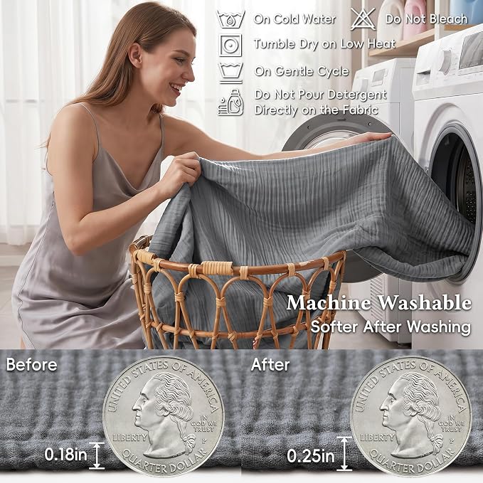 David's Home Soft Muslin Blanket Queen Size for Adults, 60% Rayon 40% Cotton, Breathable Lightweight Cooling Blanket for Hot Sleepers, 4-Layer Cozy Gauze for Bed, 90"x90", Grey