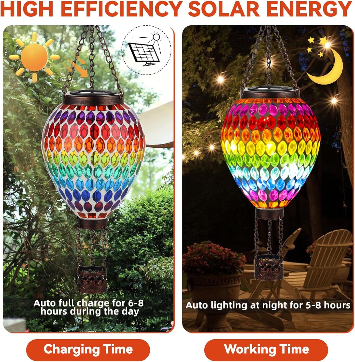VOREEN Hot Air Balloon Solar Lantern, Mosaic Solar Outdoor Hanging Wind Light, Waterproof, Patio Festive Decor, Gift for Mom Wife Friend, Rainbow Pattern