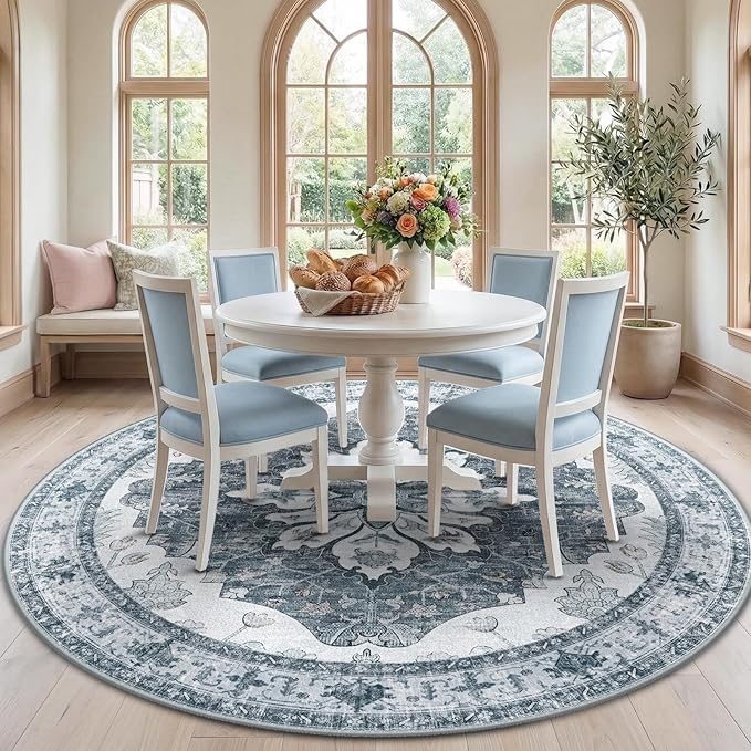 RELEANY Area Rugs 7ft Washable Non-Slip, Floral Vintage Distress Print Pattern Medallion Carpet for Living Room Bedroom Dining Room, Light Gray Grey White