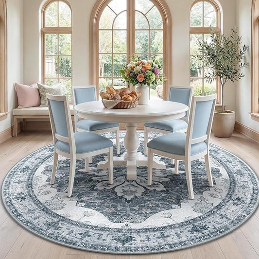 RELEANY Area Rugs 7ft Washable Non-Slip, Floral Vintage Distress Print Pattern Medallion Carpet for Living Room Bedroom Dining Room, Light Gray Grey White