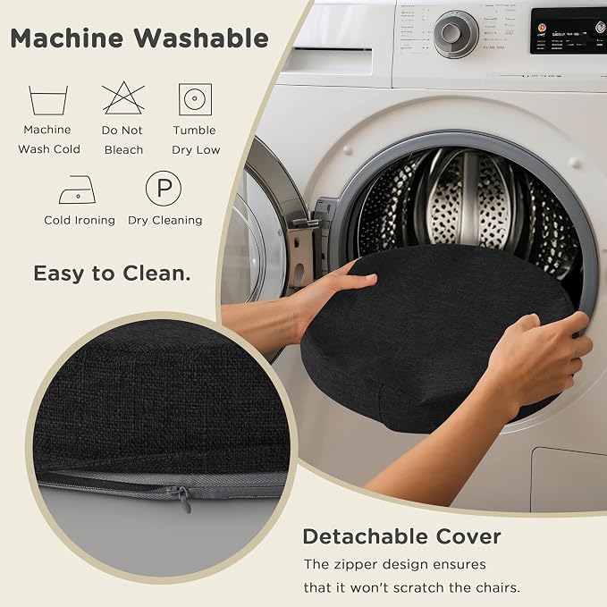 AddGrace 2.5" Thick Non Slip Round Chair Pad Set of 2, 16", Black | Machine-Washable Cover, Non-Slip, for Kitchen, Dining Room, Office, Floor, Bistro Cafe, for 16" Ottoman, 16" Round Stool