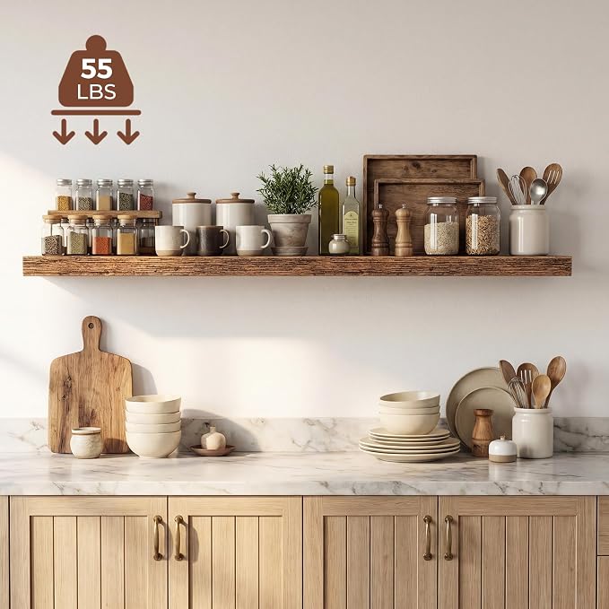 Dreamland 48 Inches Floating Shelves for Wall,9.3" Deep Long Floating Shelves Set of 1,Large Display & Storage Shelf,Wall Shelf for Bathroom Bedroom Living Room Kitchen Office,Rustic Brown