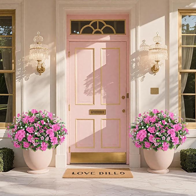 Ouddy Decor 18'' Artificial Geraniums Flowers for Outdoors, 10 Bundles Mixed Fake Silk Flowers Plastic Plants UV Resistant for Summer Garden Porch Patio Planter Table Home Decor, Pink
