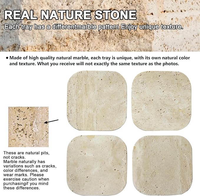Natural Travertine Marble Coasters Set of 4-4" Square Stone Drink Coasters, Non-Slip Cork Backing, Housewarming Gift, Wedding, Protect Tables from Stains & Scratches (Rounded Square)