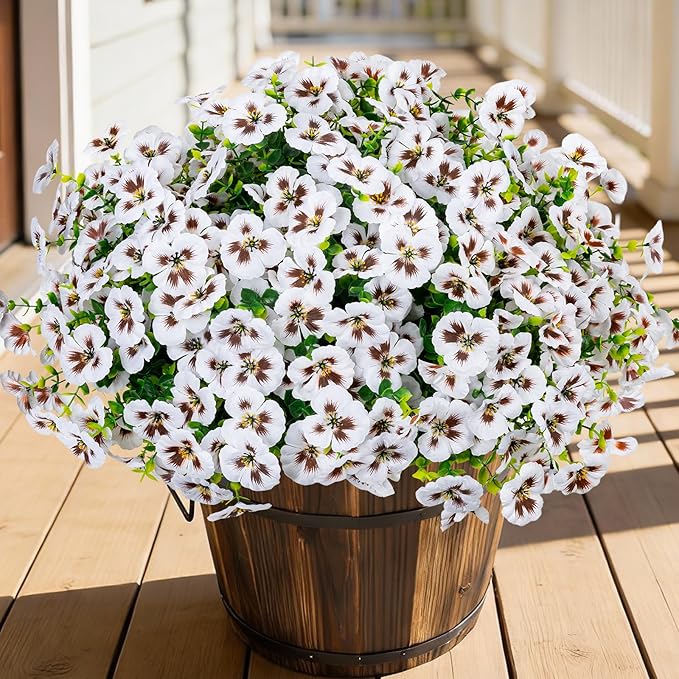 24 Pcs Artificial Fake Pansy Flowers for Outdoor,Faux Silk Plants Flowers UV Resistant Pansies Spring Flowers for Planter Front Door Porch Yard Patio Garden Window Box Home Decor(White)