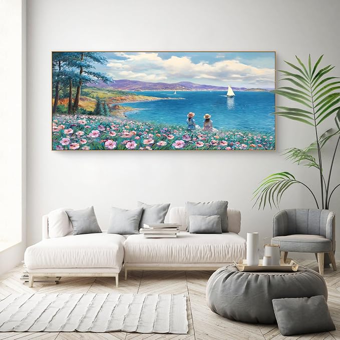 XLSJERST Framed Wall Art for Living Room - Extra Large 70x31 Inches Rustic style Seascape Canvas Picture Pink Flower Tree Sailboat Mountain Wall Decor for Bedroom Office Home Decoration