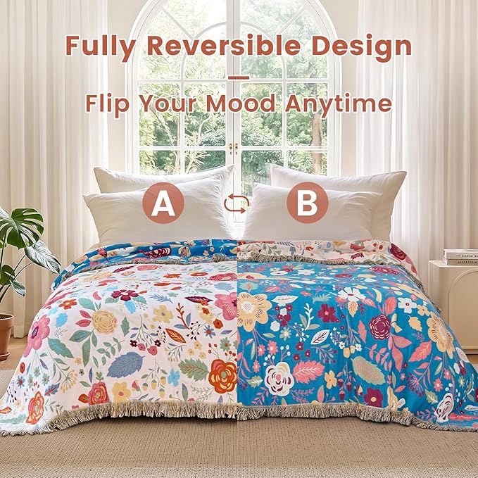 MSGKV Boho Throw Blanket for Bed Twin Size 100% Cotton Floral Blanket 60"x80" for Sofa Couch Muslin Summer Breathable All Seasons Lightweight Farmhouse Blankets Home Decor