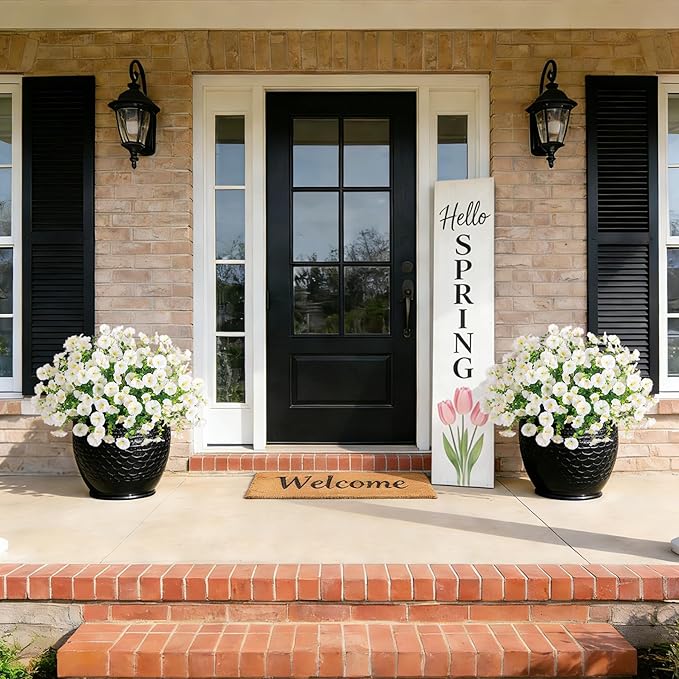 Hrobek Artificial Flowers for Outdoors, 12 Bundles Fake Plastic Petunias Flower Plant, Faux Colorful Silk Morning Glory for Outside Planter Garden Front Porch Door Spring Summer Decor,White