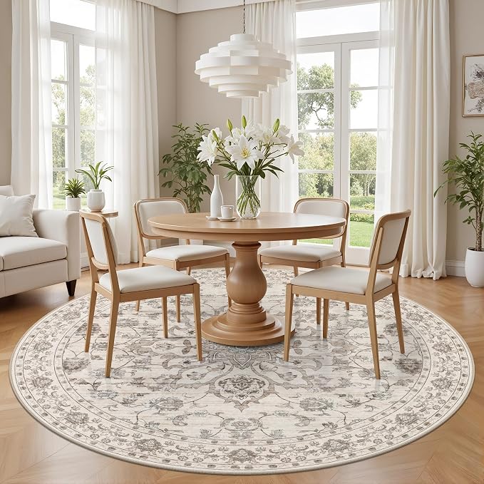 Round Area Rug for Living Room: 4 ft Washable Vintage Boho Soft Thin Circle Rug Indoor Floor No Slip Stain Resistant Carpet for Bedroom Dining Room Farmhouse Nursery Home Office - Brown Beige