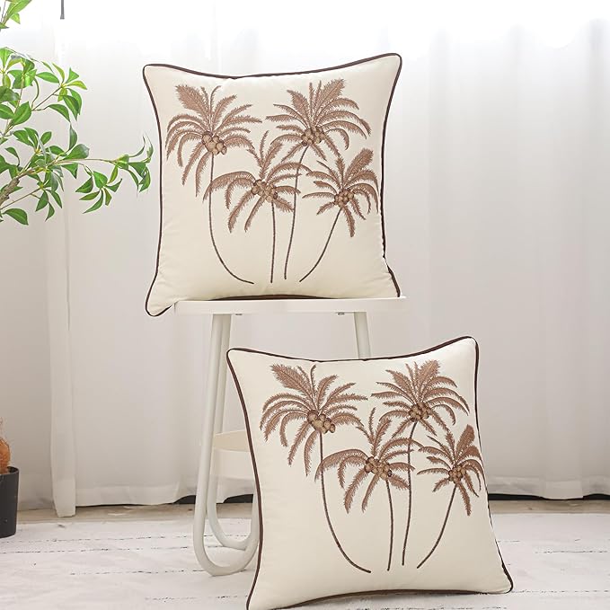 Coconut Tree Pillow Covers 18x18 inch Set of 2 Embroidery Throw Pillow Covers Farmhouse Pillow Cushion Case Spring Summer Decorative Farm Pillowcases Square Rustic Pillow Case, Brown