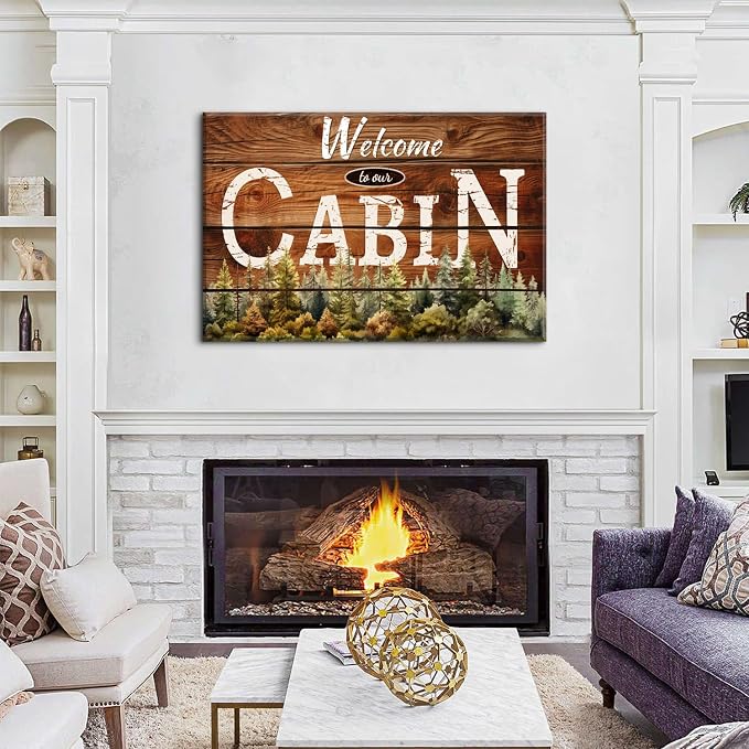 Rustic Cabin Wall Art Brown Woodland Nursery Wall Decor for Living Room Vintage Farmhouse Forest Grain Background Prints Welcome to our Cabin Picture Modern Artwork Bedroom Cave Home Decoration 32x48"
