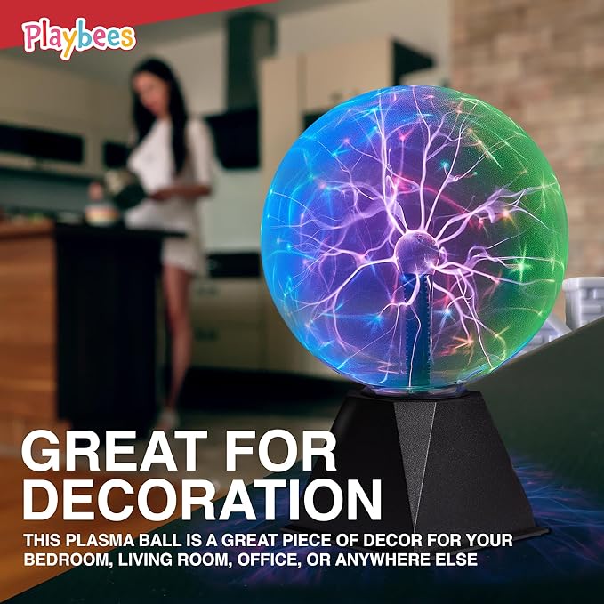 Playbees Colorful Plasma Ball 7-Inch – Tesla Coil Globe with Multicolor Lightning Effects, Plug-in Static Electricity Prop for Parties, Decorations, and STEM Learning