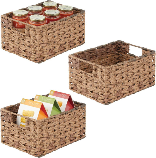 mDesign Woven Farmhouse Kitchen Pantry Food Storage Organizer Basket Bin Box - Container Organization for Cabinets, Cupboards, Shelves, Countertops - Store Potatoes, Onions, Fruit, 3 Pack, Brown Ombre