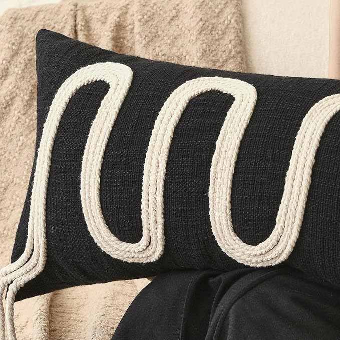 Black Decorative Lumbar Pillow Cover 12x28, Handwoven Boho Long Body Pillowcase, Farmhouse Linen Cotton Pillow Cushion Case for Sofa, Bed, Living Room, Bedroom
