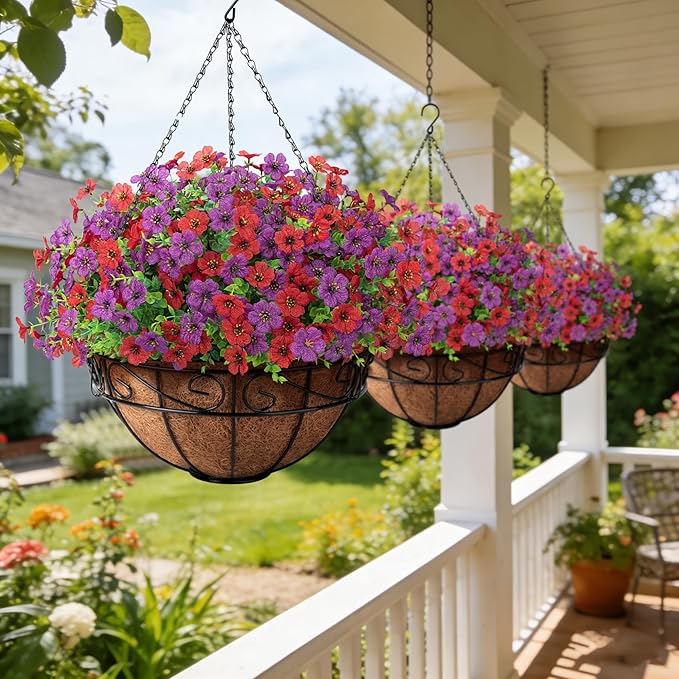 Artificial Fake Hanging Flowers Plants Basket Outdoors, Faux Silk UV Resistant Look Real Daisy Eucalyptus for Spring Summer Garden Porch Home Patio Balcony Yard Decorations, Red Purple