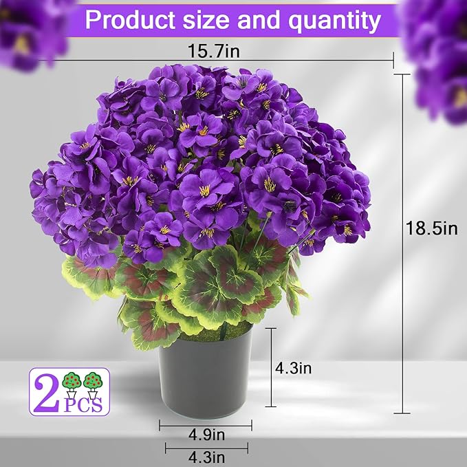 lovemoon 2Set Geranium Potted Artificial Flowers,Fake Geranium Plants for Outdoor Home Décor Office Tables Porch Garden Decor (2, Purple)