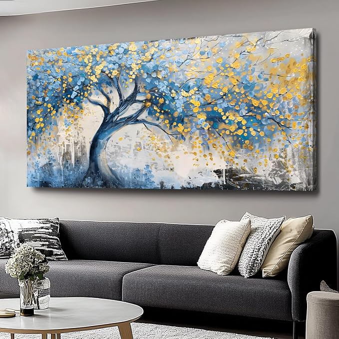 Wall Art Tree of blue Life Abstract Canvas Painting Textured Picture, Modern Landscape Artwork Framed for Living Room Bedroom Bathroom Office Home Decor 40x20in