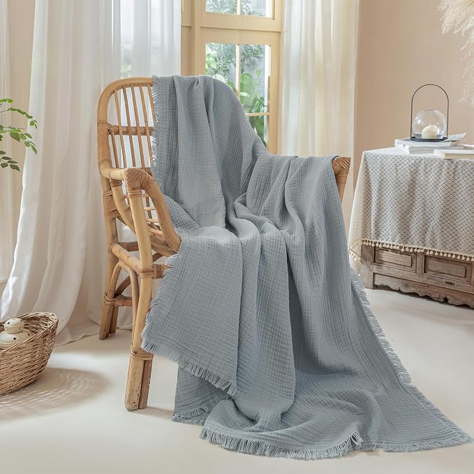 Muslin Fringe Blankets for Adults: 100% Cotton Cloud Soft | 4-Layer Gauze Breathable Lightweight All Season Throw Blanket for Bed Couch Sofa Office