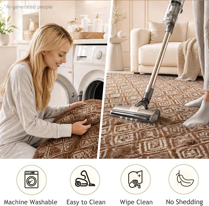 Ophanie 8x10 Brown and White Diamond Striped Rugs for Living Room,Large Fluffy Shag Fuzzy Plush Soft Carpets,Shaggy Rug for Bedroom,Carpet for Kids Boys Girls Dorm Decor with Over 99 pcs Pile fibers