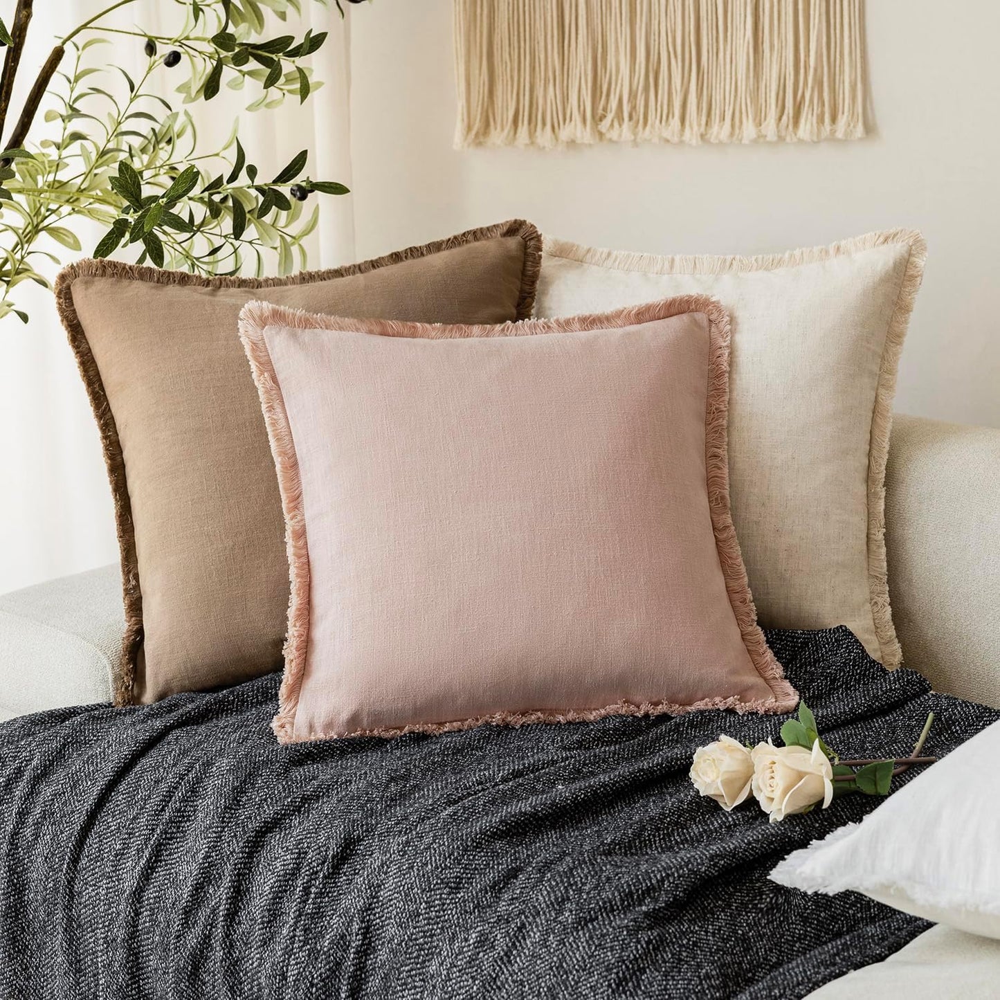 Foindtower Set of 2 Decorative Linen Fringe Throw Pillow Covers Boho Farmhouse Cushion Cover with Tassels Soft Accent Pillowcase for Couch Chair Sofa Bed Living Room Home Decor,24×24 Inch,Light Pink