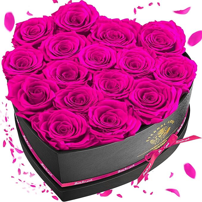 Impouo 16 Pcs Preserved Flowers Rose in a Heart Shape Box,Preserved Flowers,Gifts for Women,Mothers' Day,Valentine's Day or Valentine’s Day,Pink Roses