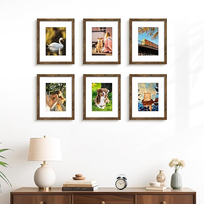 PEALSN 8x10 Picture Frame Set of 6, Display Pictures 5x7 with Mat or 8x10 without Mat for Wall Mounting or Table Top Display, Photo Frames Collage for Wall Decor, Rustic Brown
