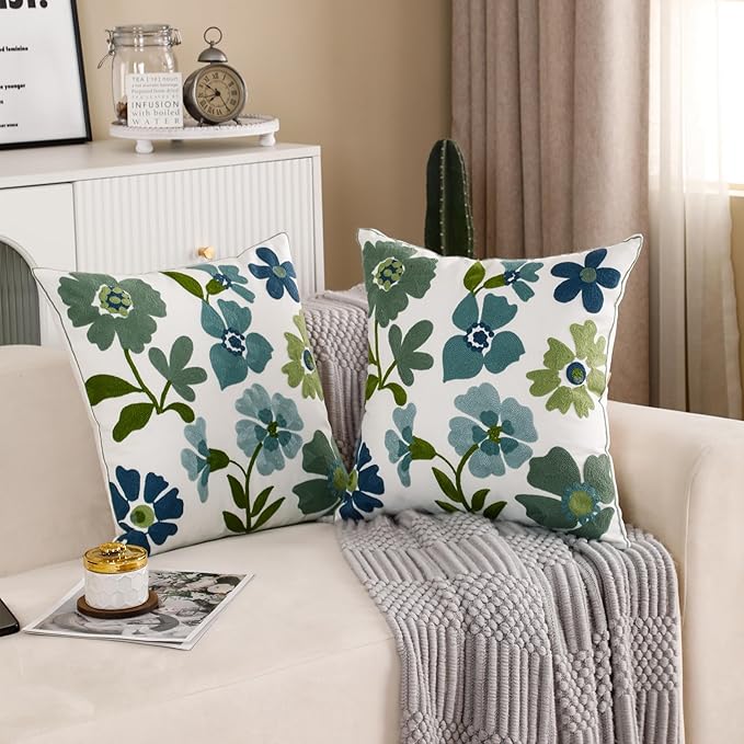 Embroidered Throw Pillow Covers 18x18 inch Pack of 2 Blue Blossoms Spring Summer Decorative Pillowcases Farmhouse Coastal Pillow Cushion Cases Home Decor for Sofa Bed Living Room