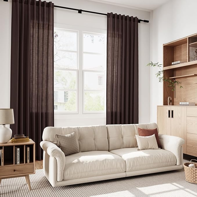 Coffee Brown Linen Curtains 63 Inches Long for Bedroom Back Tab Filters Light Protects Privacy Sheer Modern Farmhouse Coastal Decor Cotton Texture Gauze for Bathroom, 2 Panels