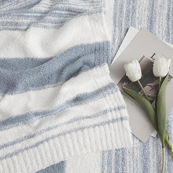 WRENSONGE Soft Throw Blanket for Couch-Cozy Reversible Knitted Blankets | Lightweight Warm Fluffy Decor for Women, Mom, Her & Girls, Sofa, Chair, Bed, 50x70in, Grey Blue Stripe