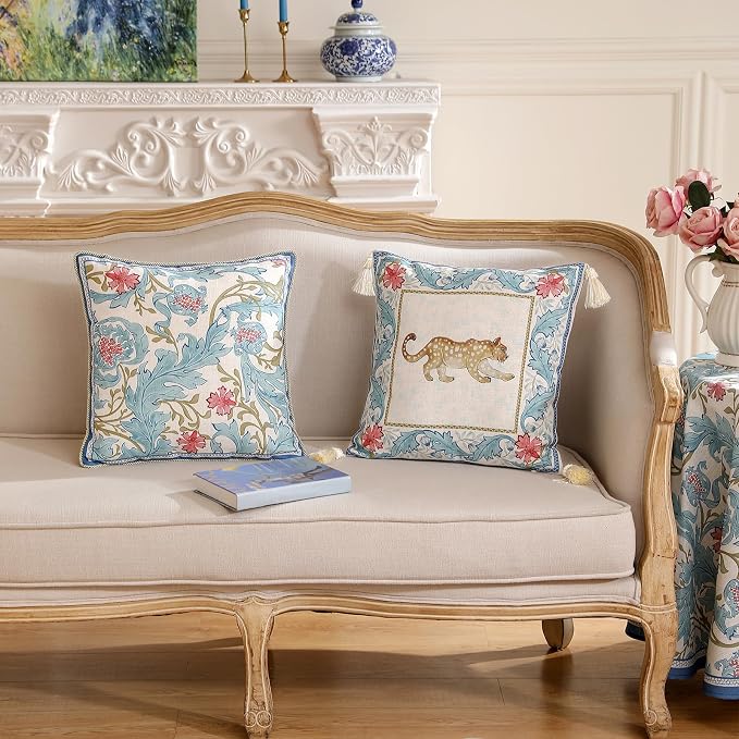 patdrea Designer Vintage Linen Throw Pillow Cover,18"x18"-Fromm A | Luxury Decorative Pillow Case with Zipper,Blue Floral Pattern,Pillow Cover for Couch Living Room Bedroom Sofa